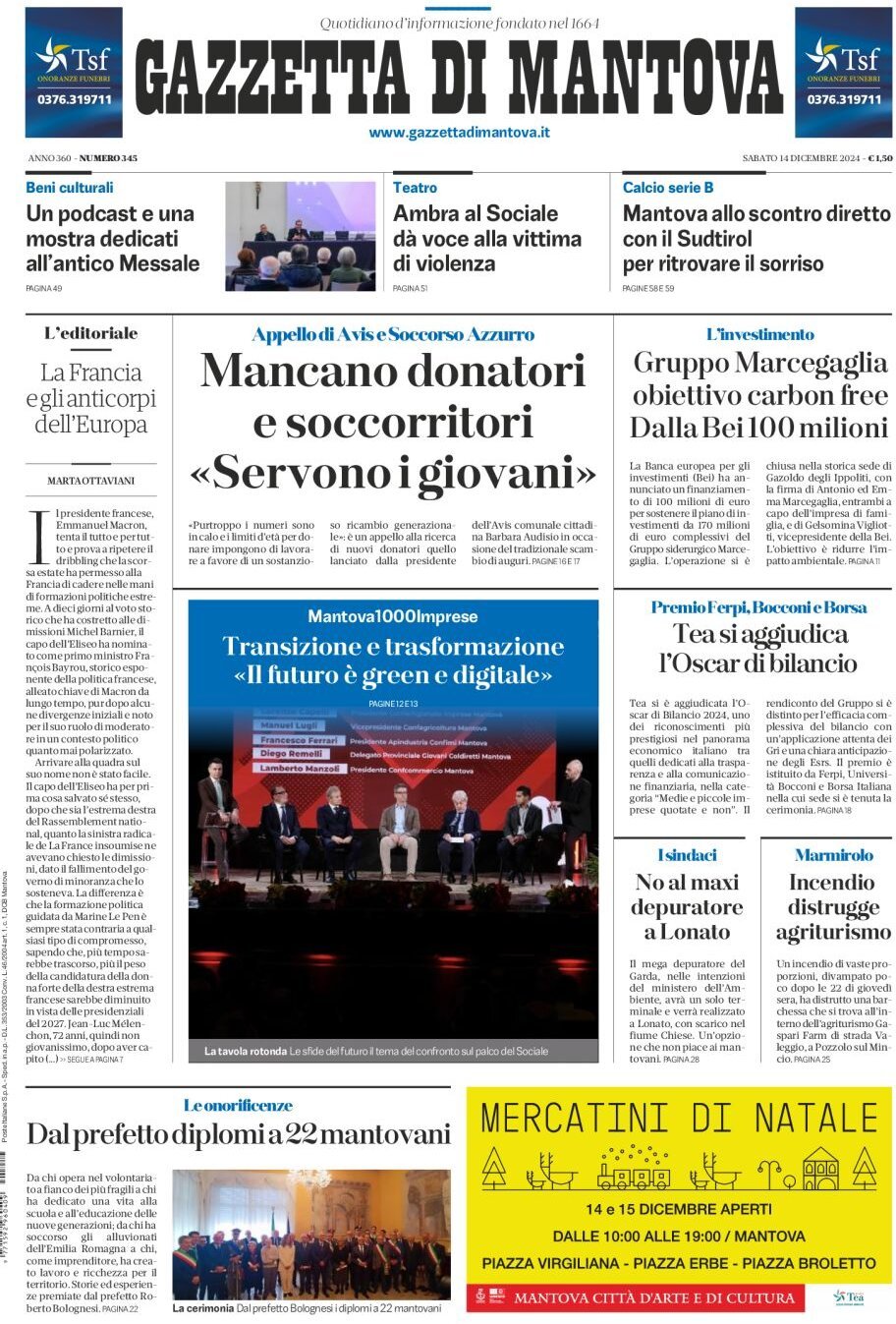 Prima Pagina Gazzetta di Mantova 14/12/2024