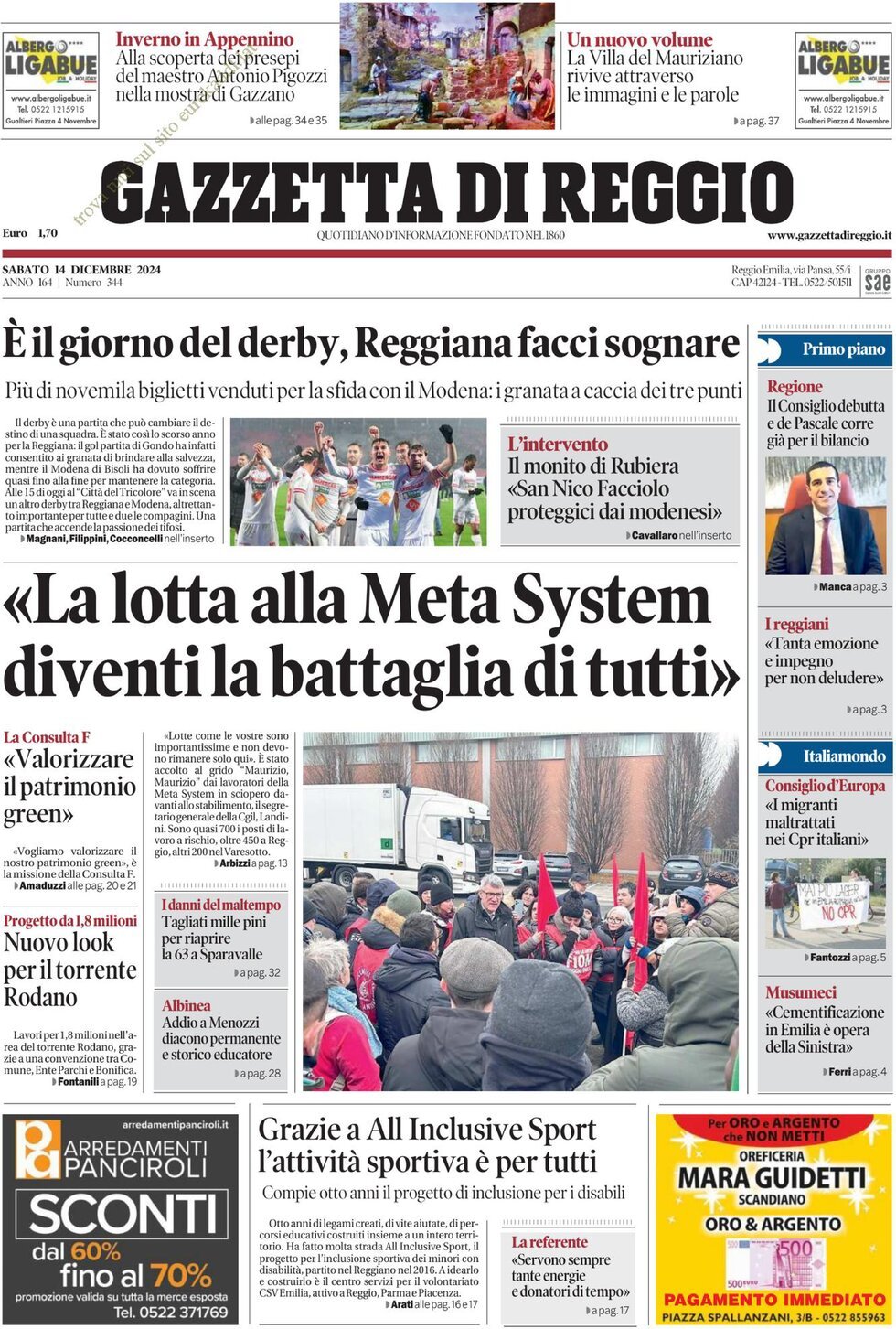 Prima Pagina Gazzetta di Reggio 14/12/2024