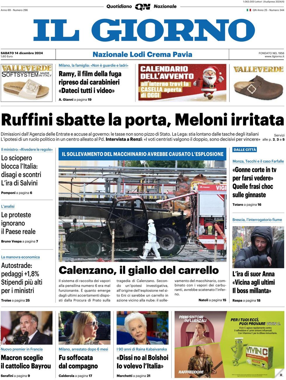 Prima Pagina Il Giorno 14/12/2024