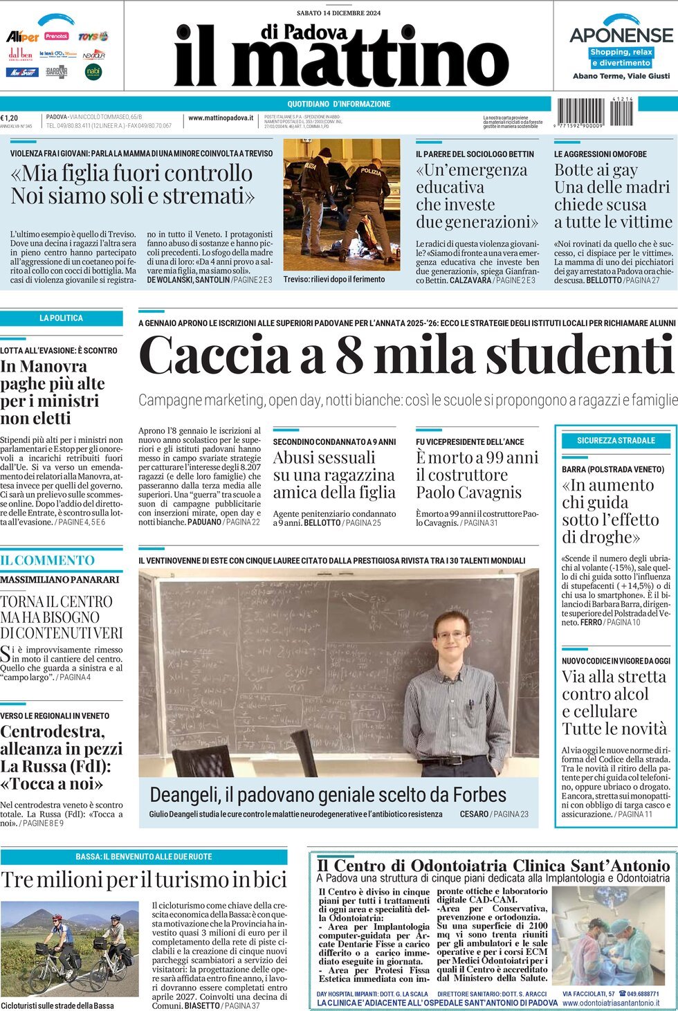 Prima Pagina Il Mattino di Padova 14/12/2024