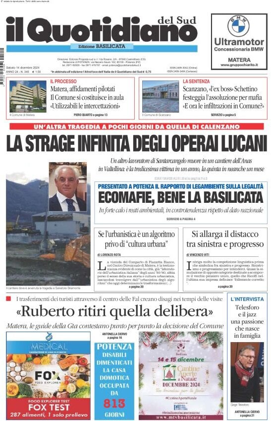 Prima Pagina Il Quotidiano del Sud (Basilicata) 14/12/2024