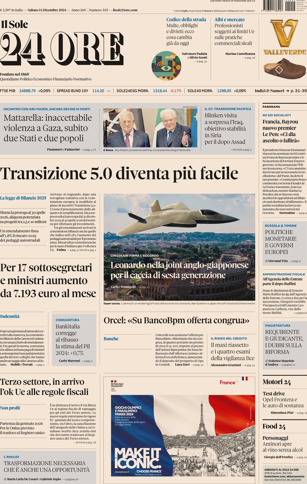 Prima Pagina Il Sole 24 Ore 14/12/2024