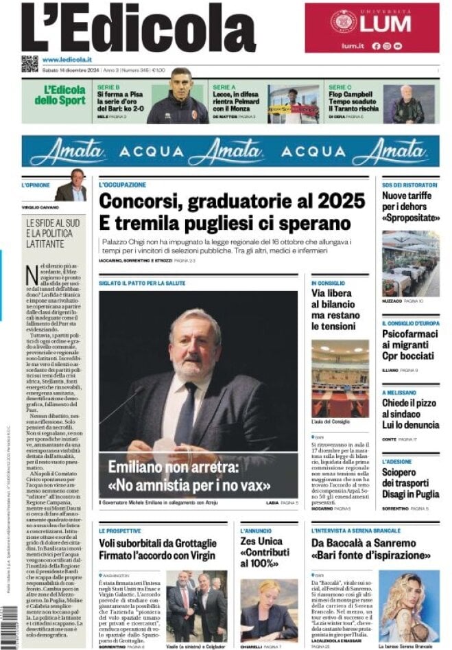 Prima Pagina L'Edicola del Sud (Bari, Foggia, Basilicata) 14/12/2024