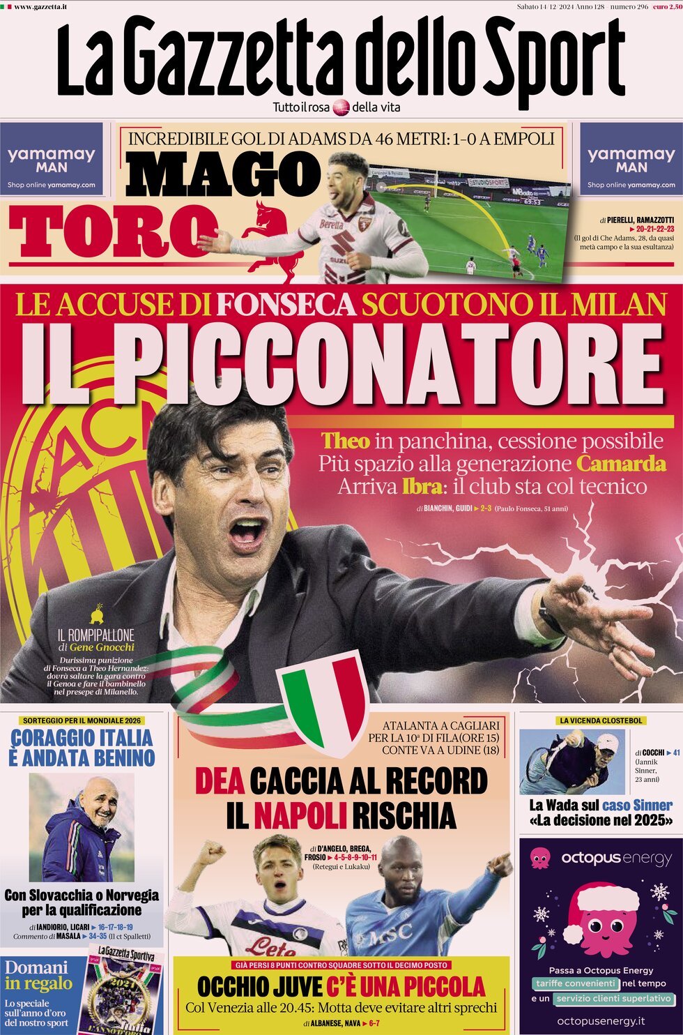 Prima Pagina La Gazzetta dello Sport 14/12/2024