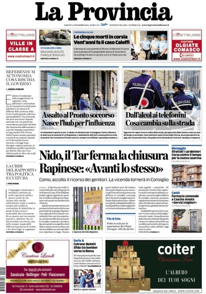 Prima Pagina La Provincia di Como 14/12/2024