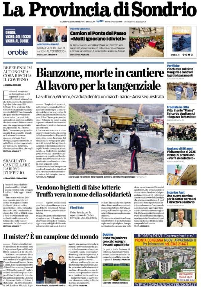 Prima Pagina La Provincia di Sondrio 14/12/2024