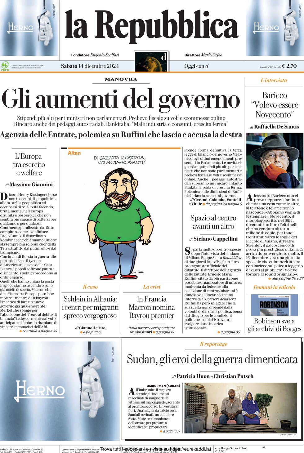 Prima Pagina La Repubblica 14/12/2024