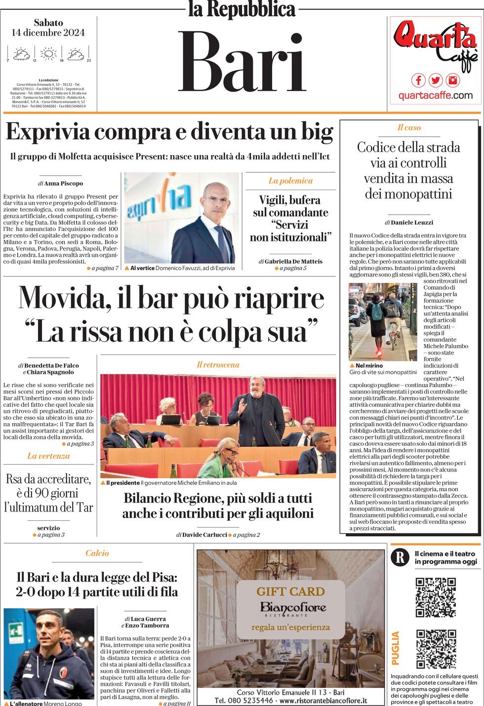 Prima Pagina La Repubblica (Bari) 14/12/2024