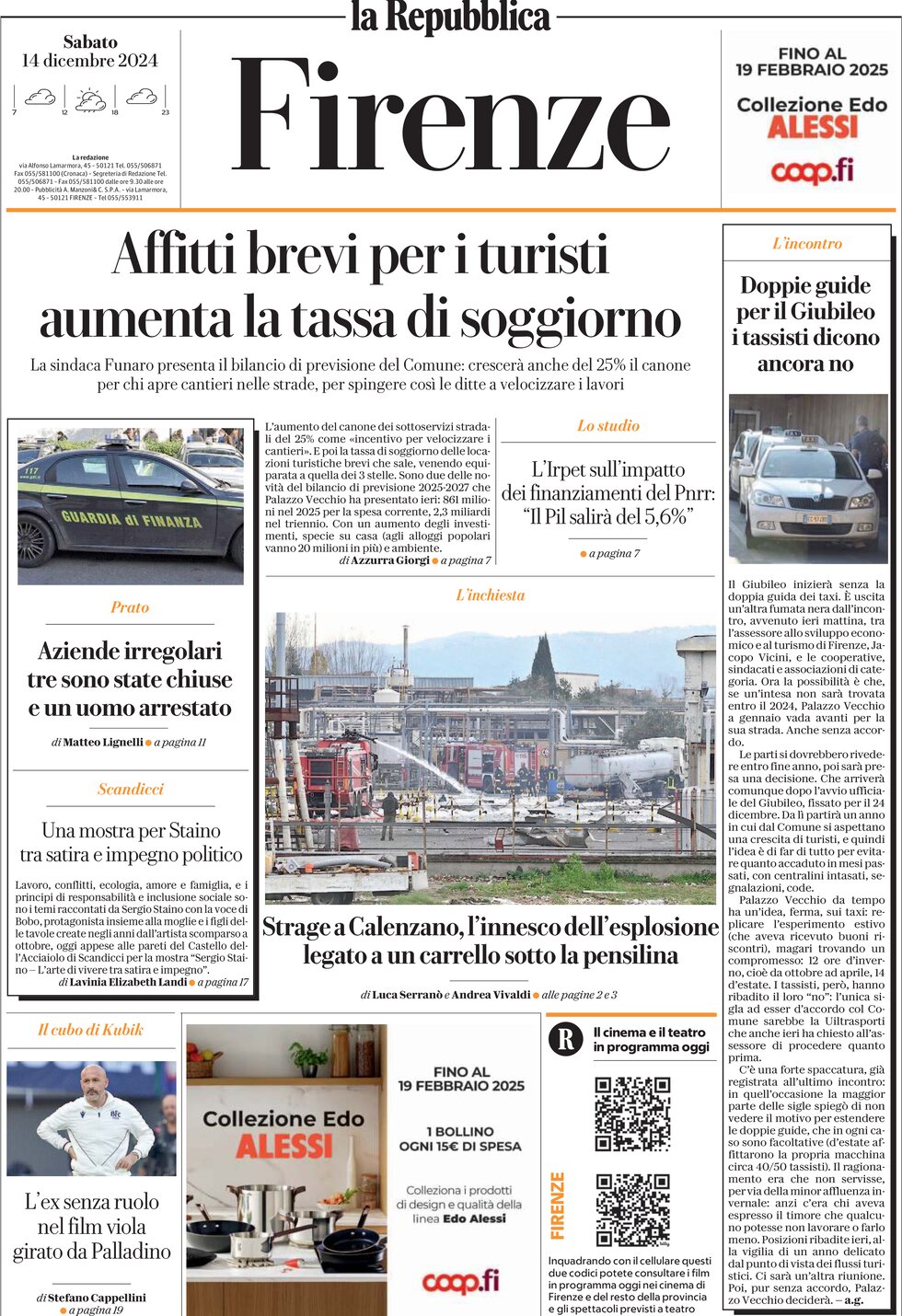 Prima Pagina La Repubblica (Firenze) 14/12/2024