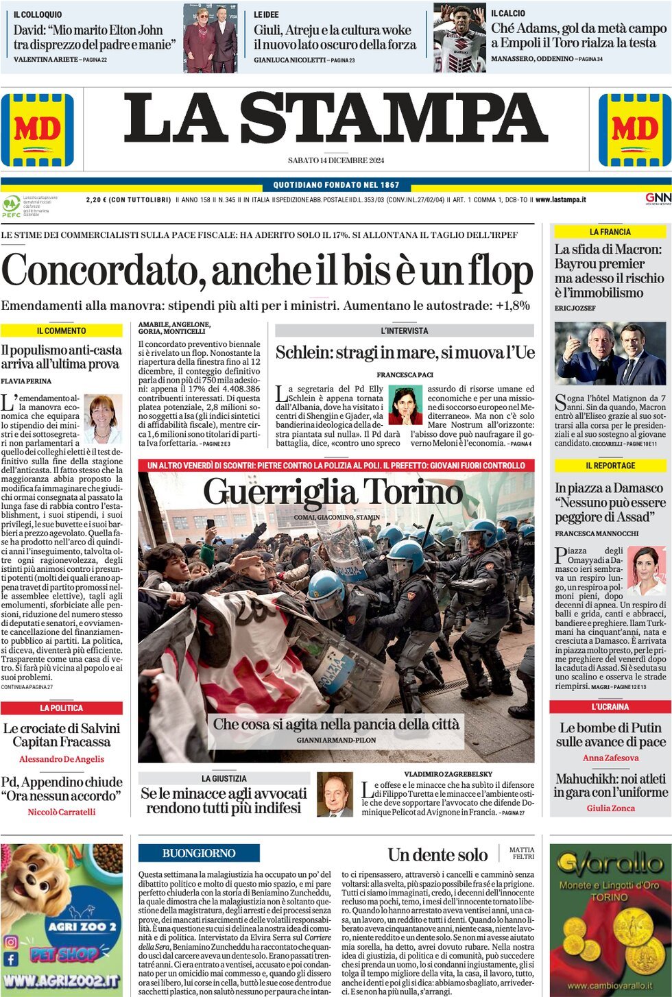 Prima Pagina La Stampa 14/12/2024