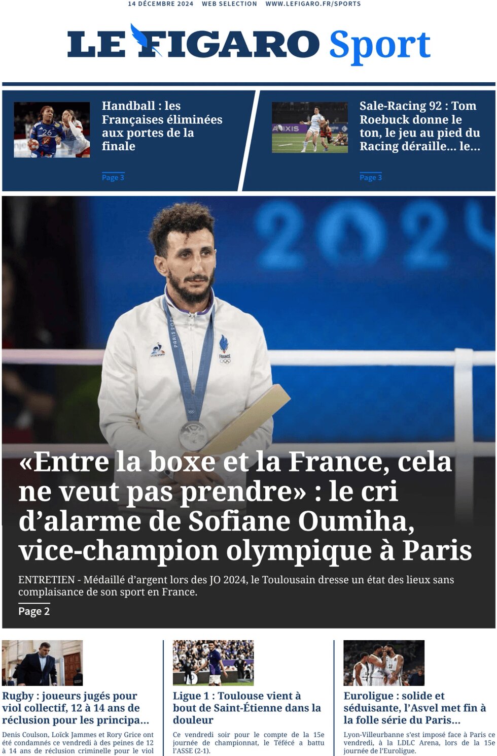 Prima Pagina Le Figaro SPORT 14/12/2024