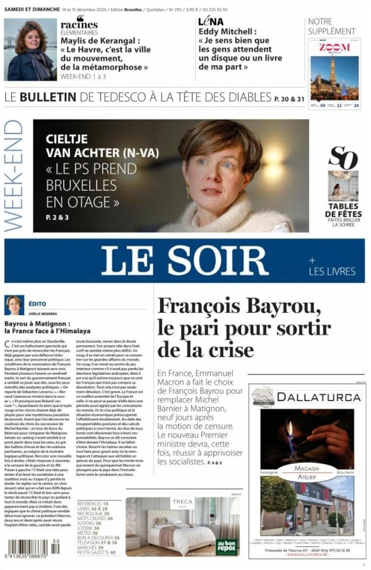 Prima Pagina Le Soir 14/12/2024