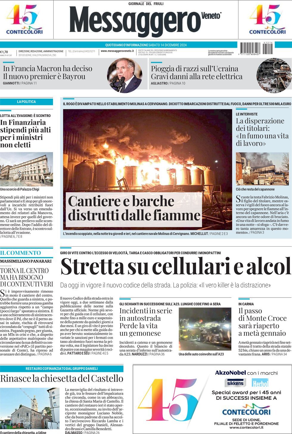 Prima Pagina Messaggero Veneto (Gorizia) 14/12/2024