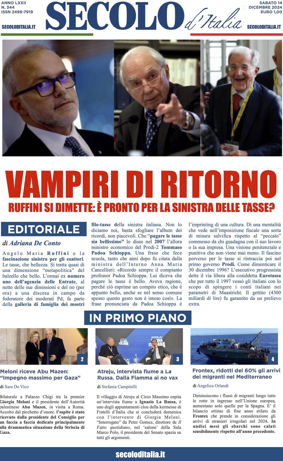 Prima Pagina Secolo d'Italia 14/12/2024