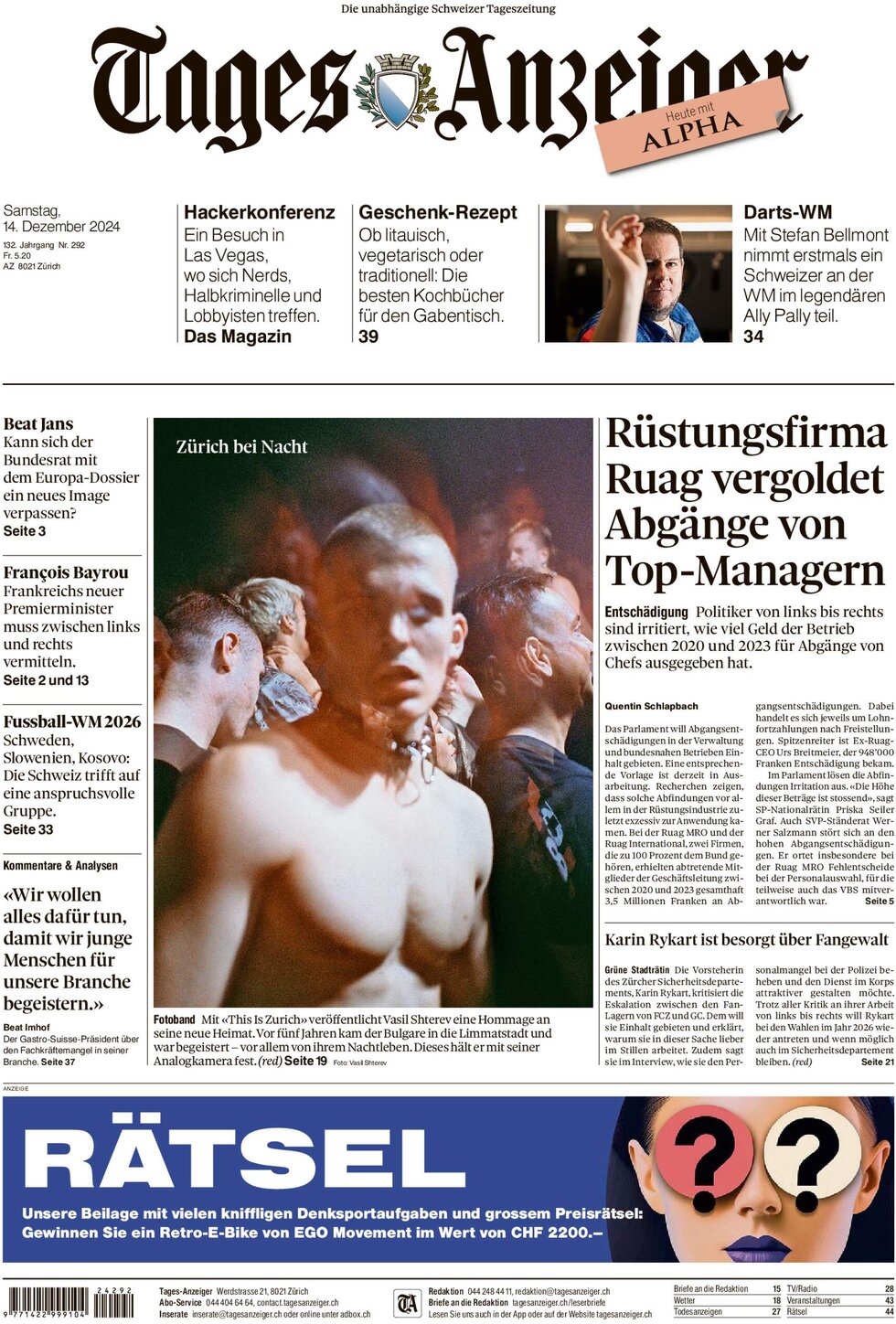 Prima Pagina Tages-Anzeiger (Tagi TA) 15/12/2024