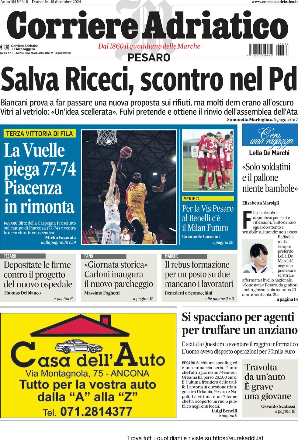 Prima Pagina Corriere Adriatico (Pesaro) 15/12/2024