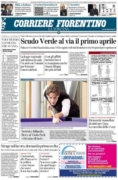 Prima Pagina Corriere Fiorentino 15/12/2024