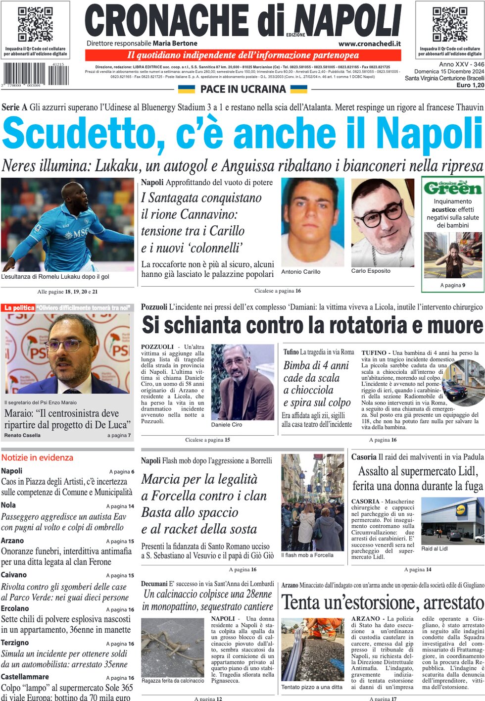 Prima Pagina Cronache di Napoli 15/12/2024