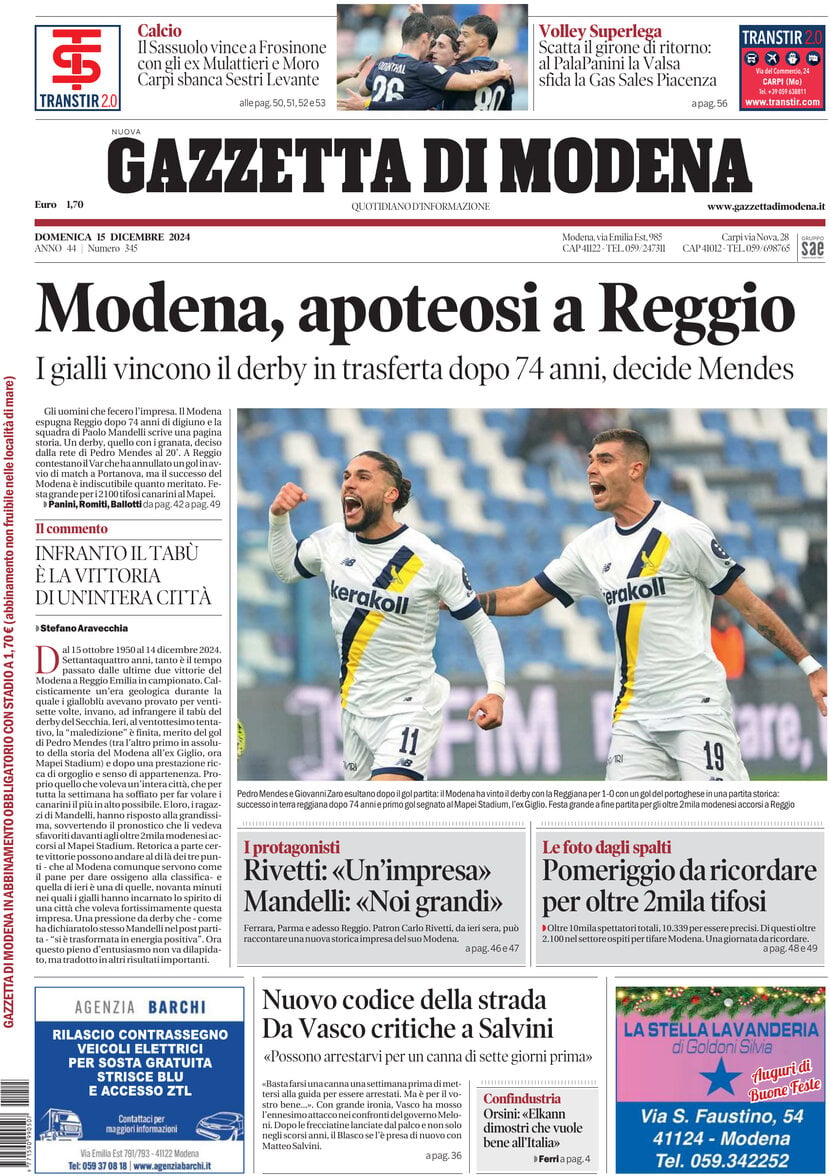 Prima Pagina Gazzetta di Modena 15/12/2024