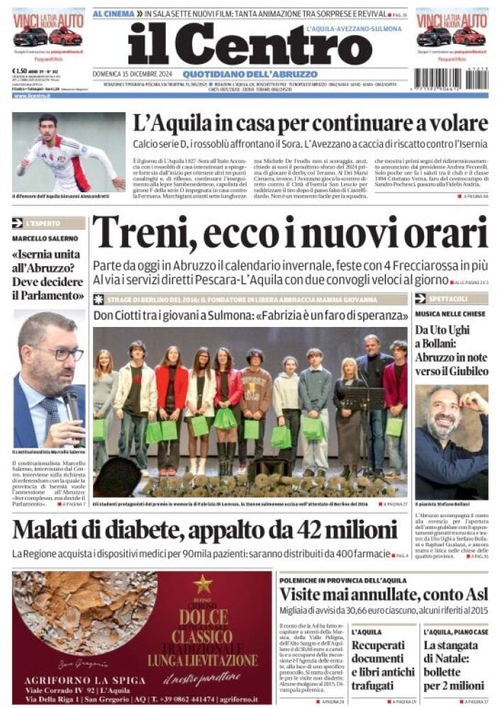 Prima Pagina Il Centro (L'Aquila) 15/12/2024