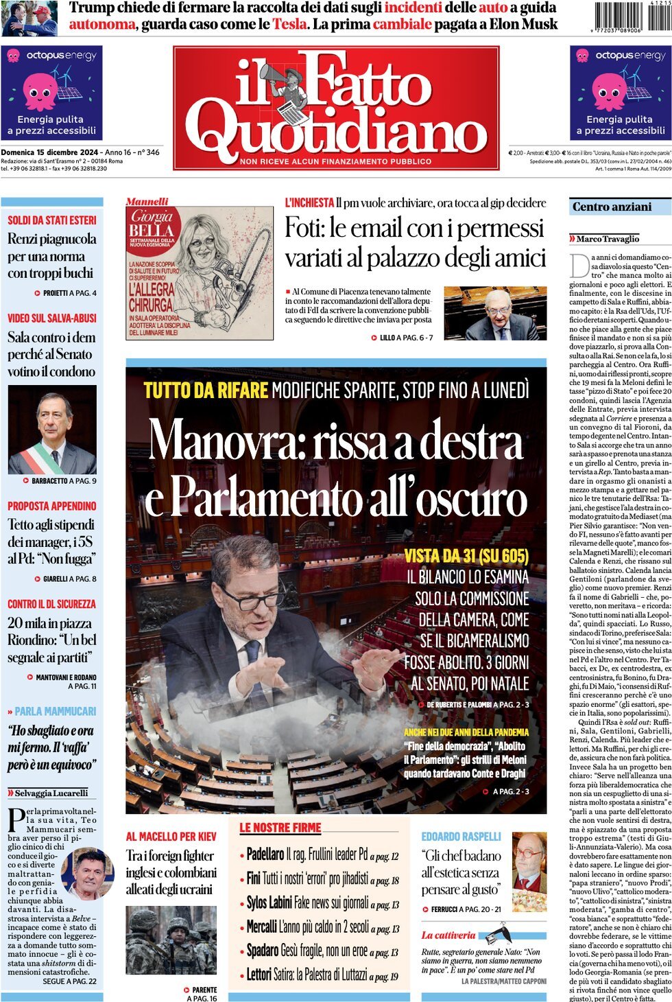 Prima Pagina Il Fatto Quotidiano 15/12/2024