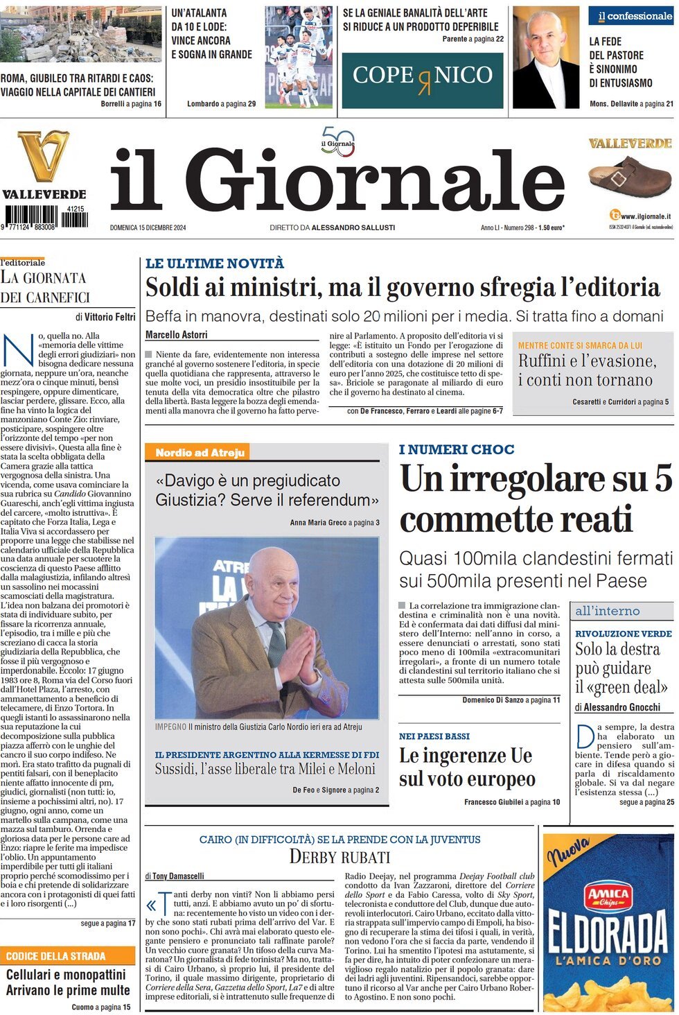 Prima Pagina Il Giornale 15/12/2024