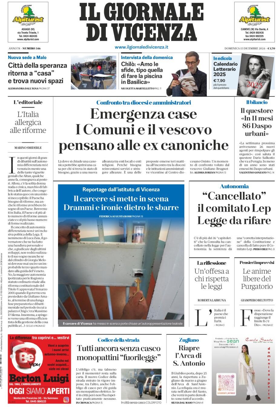 Prima Pagina Il Giornale di Vicenza 15/12/2024