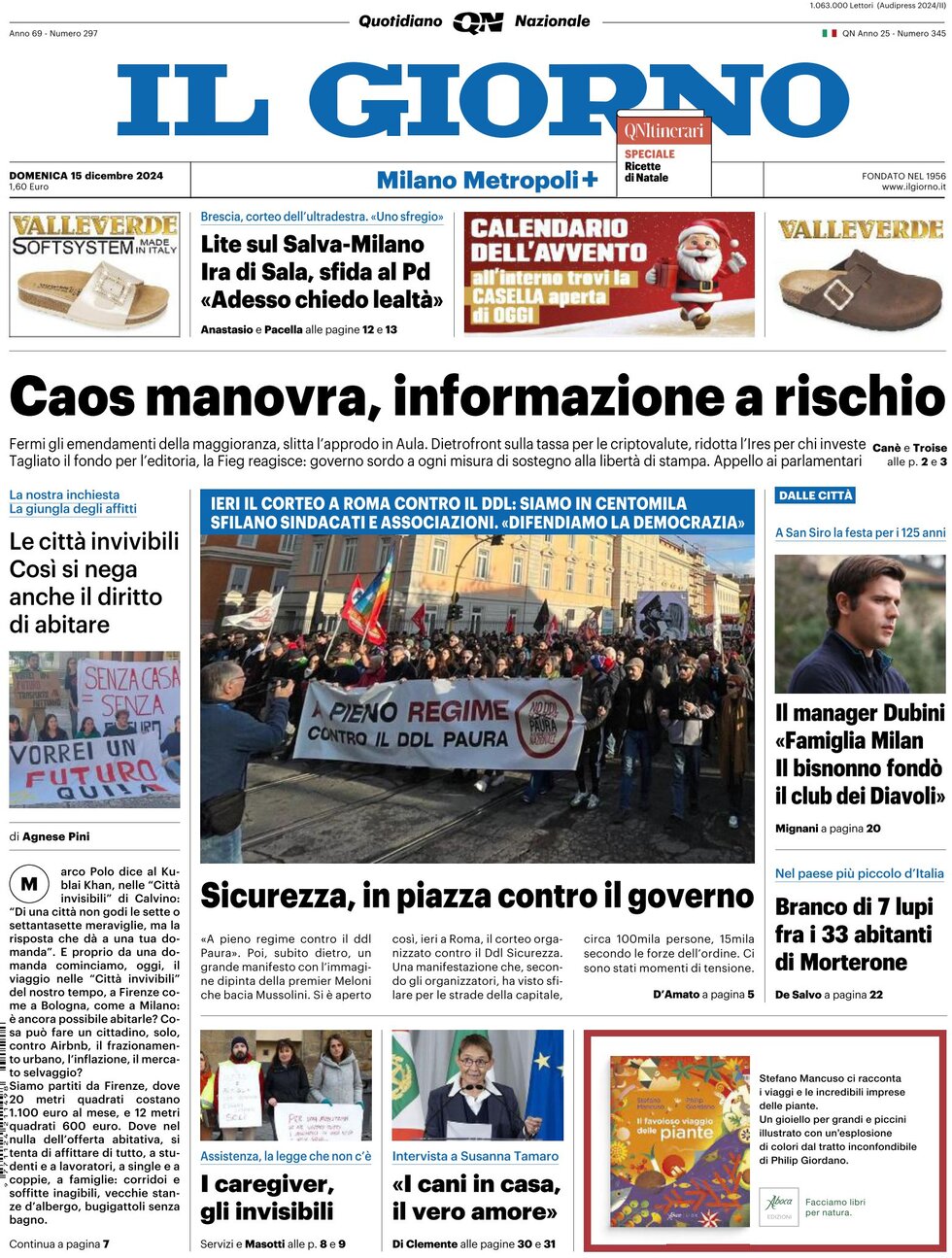 Prima Pagina Il Giorno (Milano Metropoli) 15/12/2024