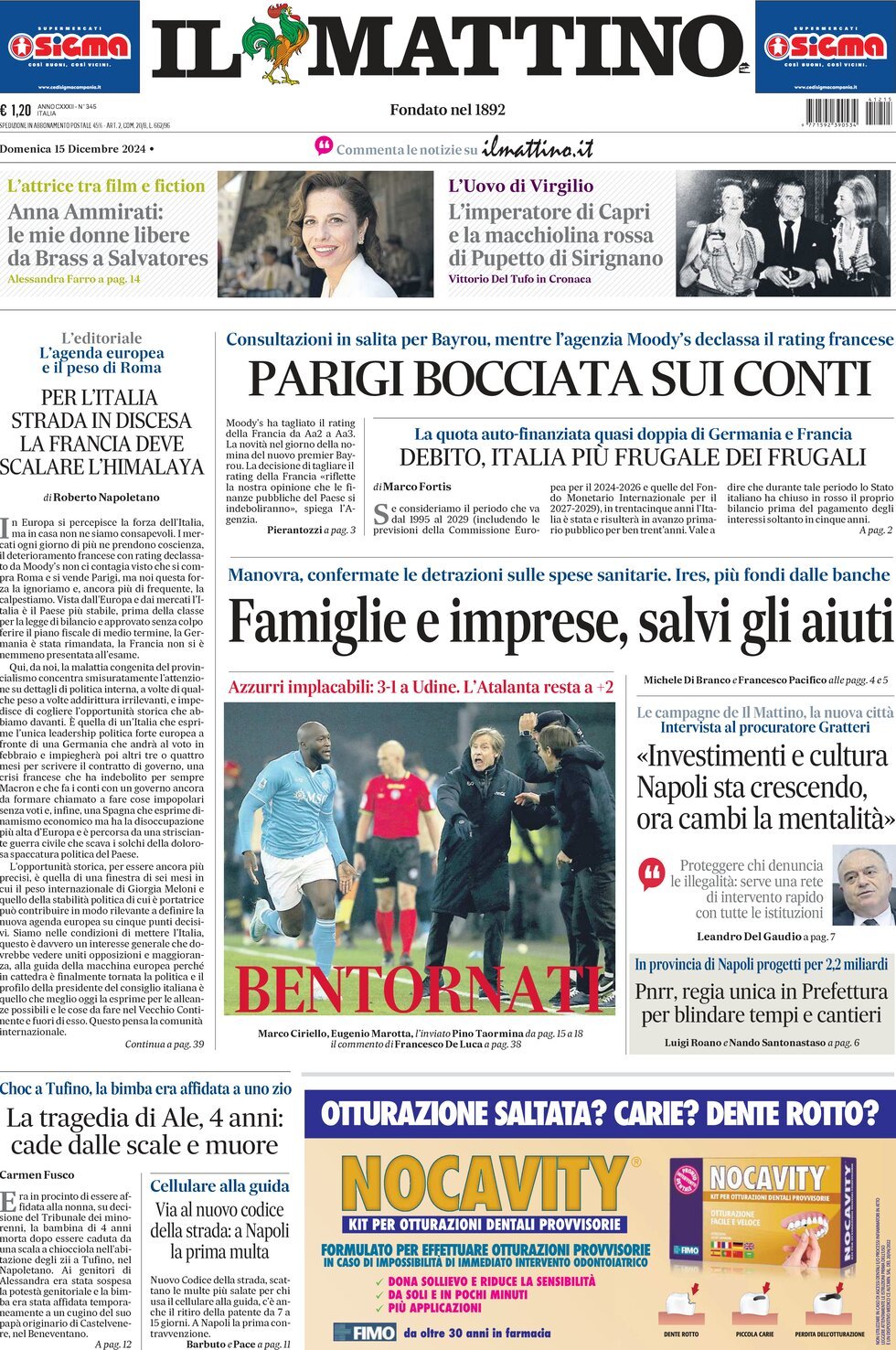 Prima Pagina Il Mattino 15/12/2024