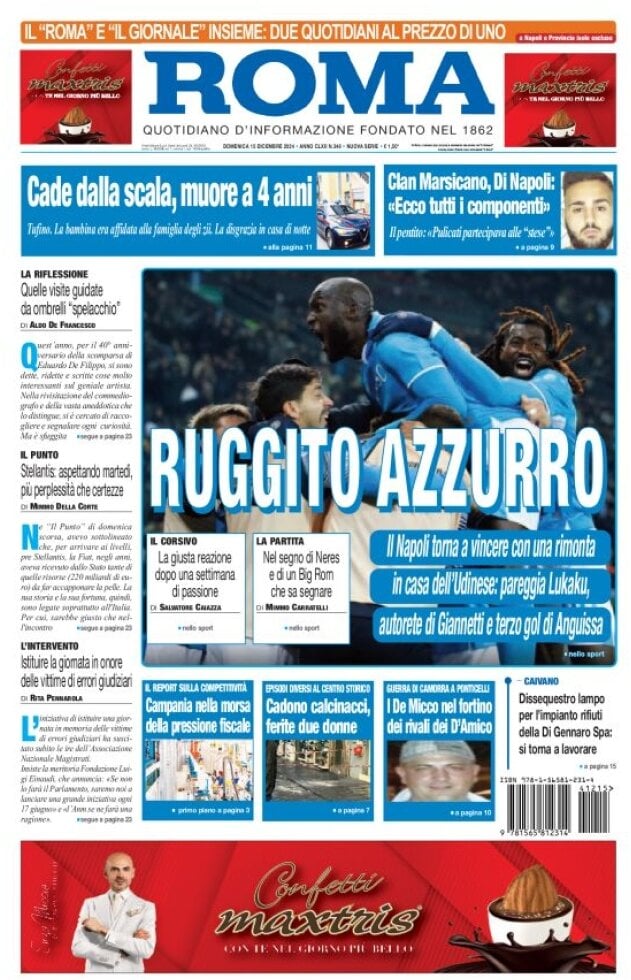 Prima Pagina Il Roma (Quotidiano di Napoli) 15/12/2024