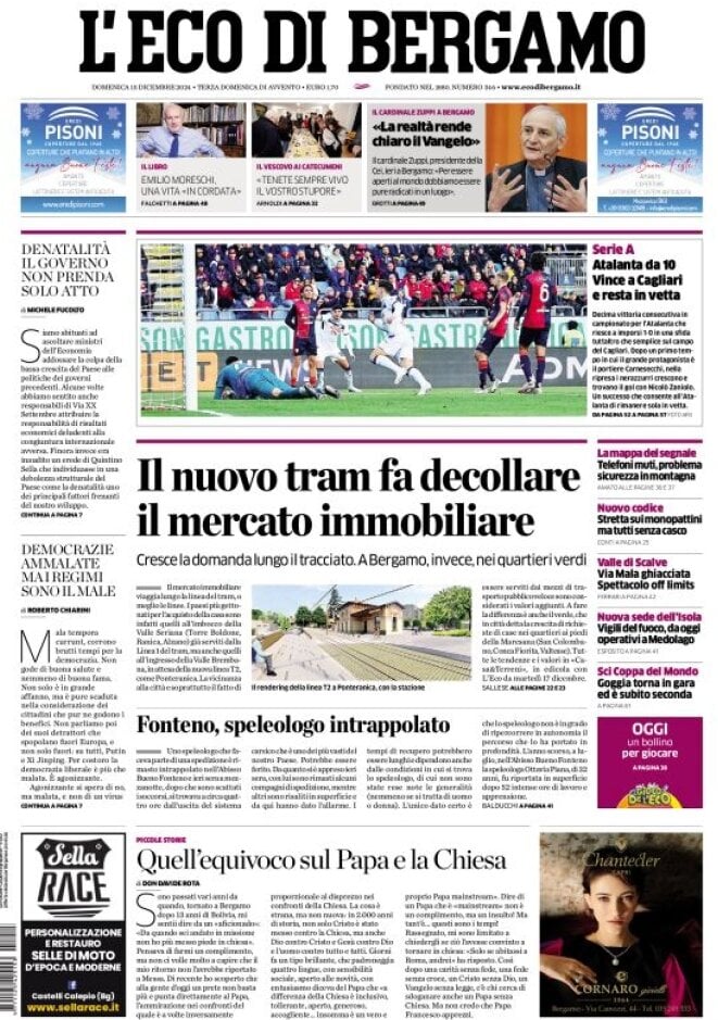 Prima Pagina L'Eco di Bergamo 15/12/2024