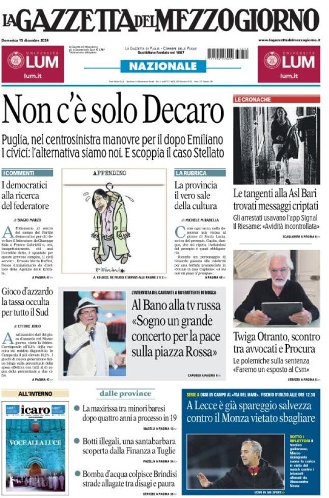 Prima Pagina La Gazzetta del Mezzogiorno (Bari) 15/12/2024