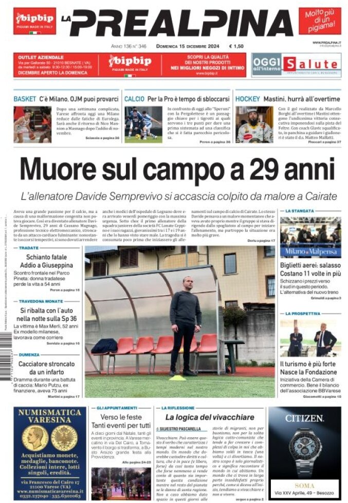 Prima Pagina La Prealpina 15/12/2024