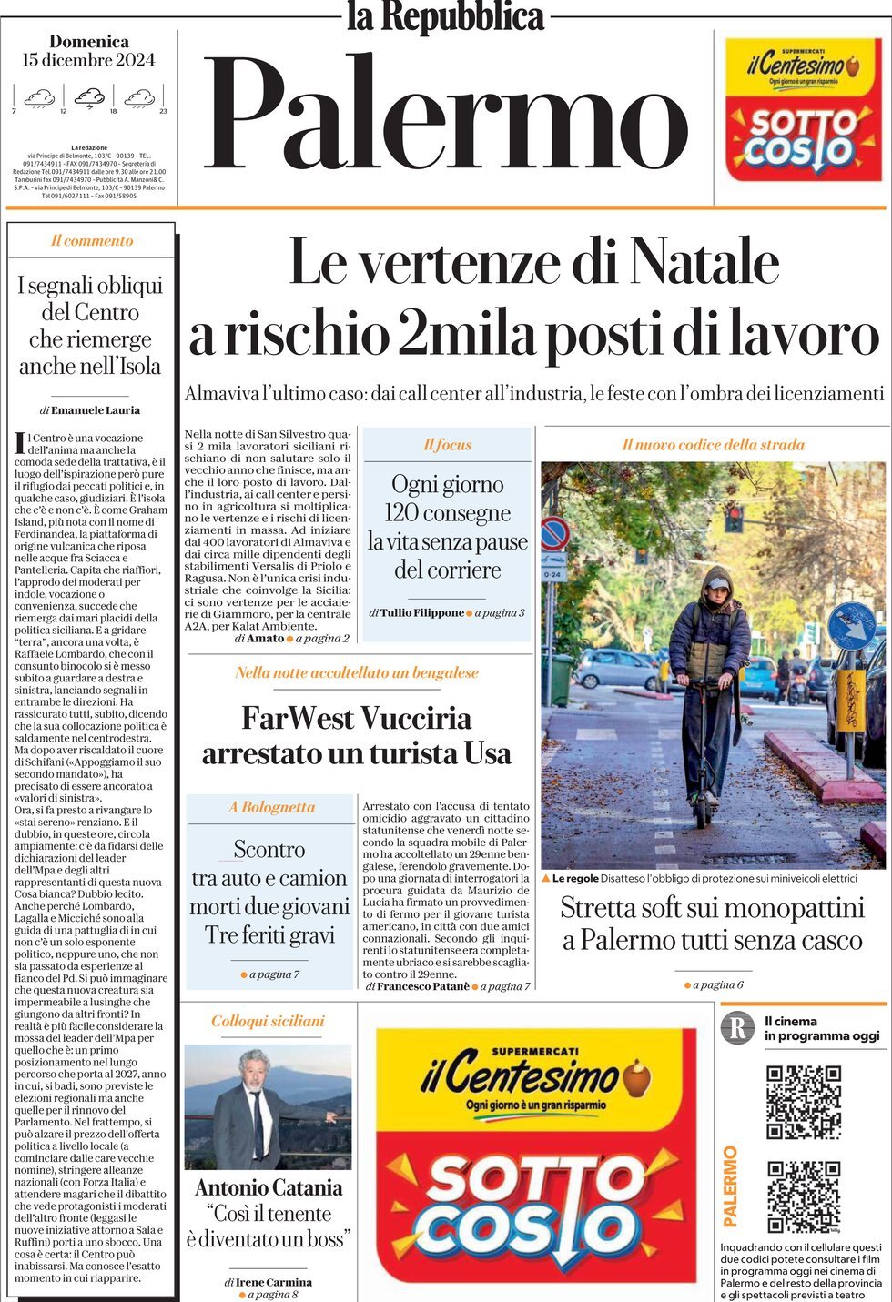 Prima Pagina La Repubblica (Palermo) 15/12/2024