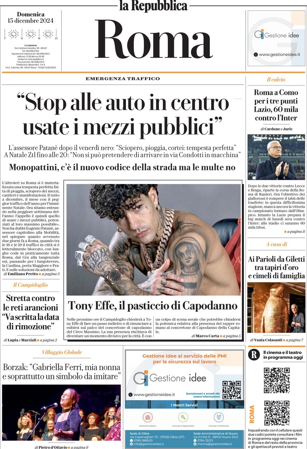 Prima Pagina La Repubblica (Roma) 15/12/2024