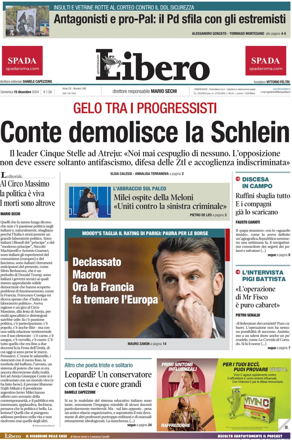 Prima Pagina Libero Quotidiano 15/12/2024