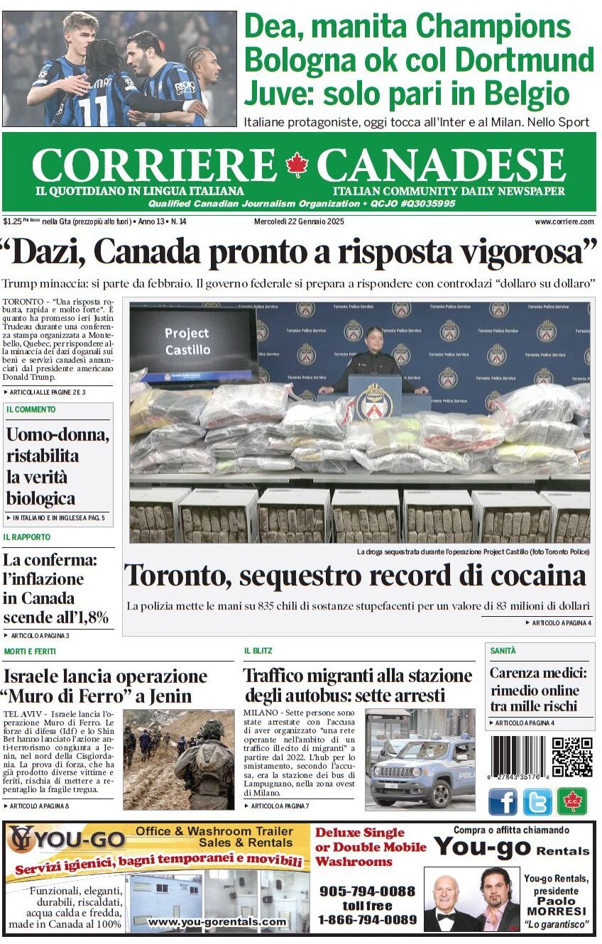 Prima Pagina Corriere Canadese 22/01/2025