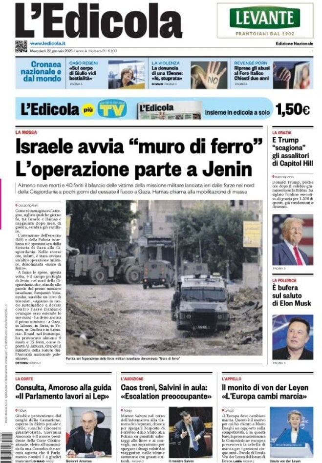 Prima Pagina L'Edicola (Nazionale) 22/01/2025