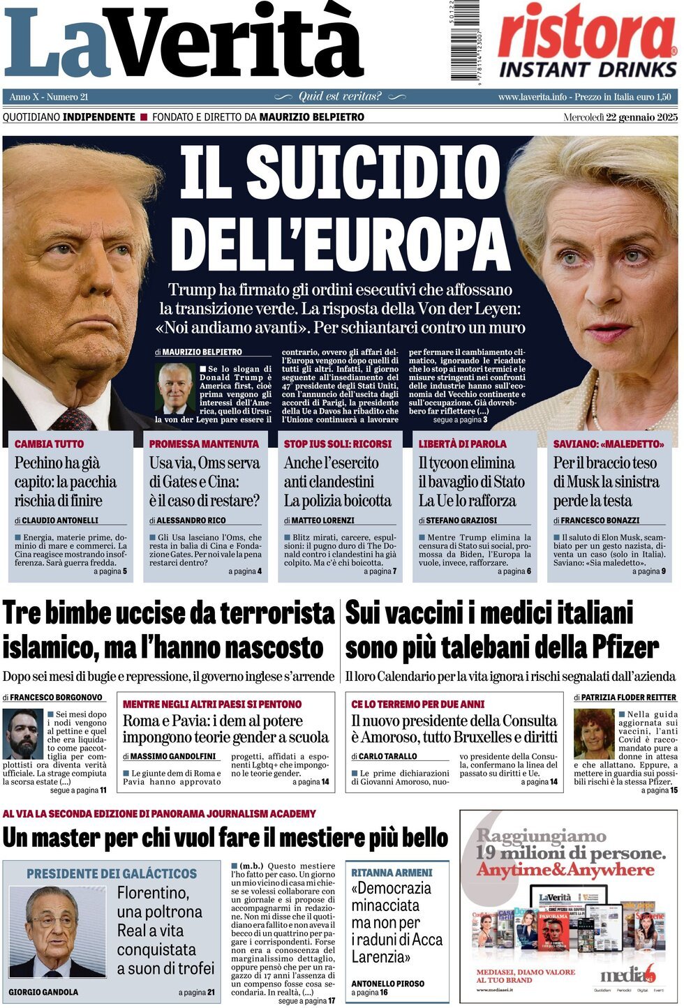 Prima Pagina La Verità 22/01/2025