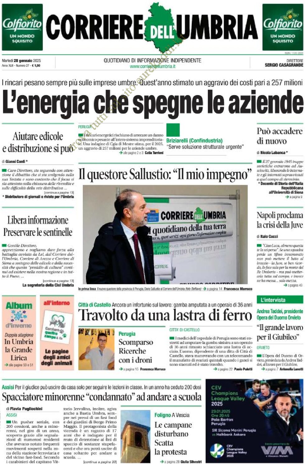 Prima Pagina Corriere dell'Umbria 28/01/2025