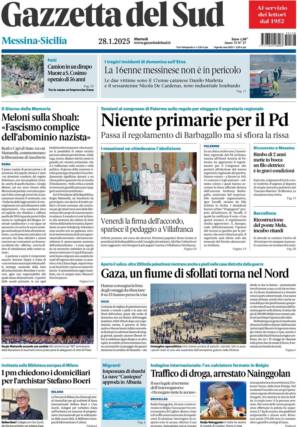 Prima Pagina Gazzetta del Sud (Messina) 28/01/2025