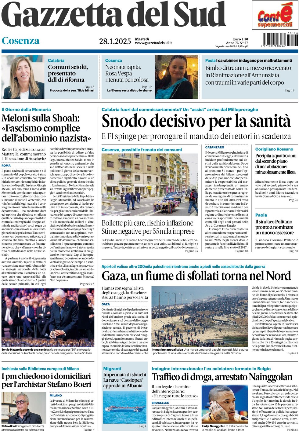 Prima Pagina Gazzetta del Sud (Cosenza) 28/01/2025