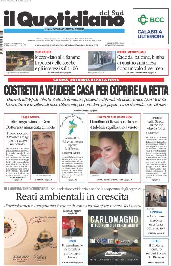 Prima Pagina Il Quotidiano del Sud (Catanzaro) 28/01/2025