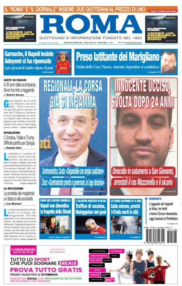 Prima Pagina Il Roma (Quotidiano di Napoli) 28/01/2025