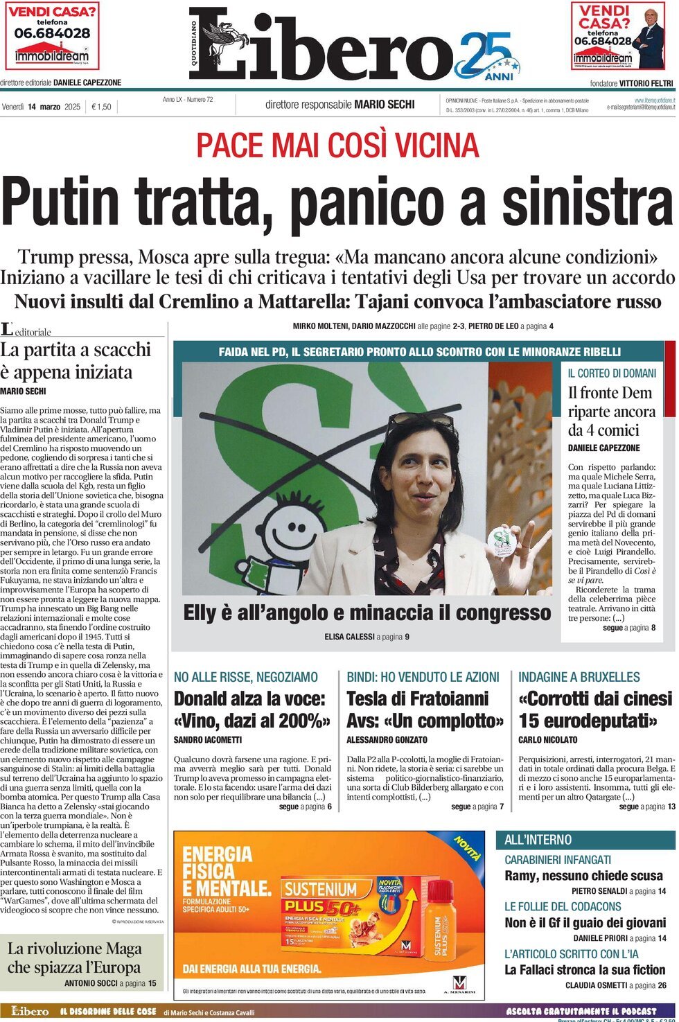 Prima Pagina Libero Quotidiano 14/03/2025