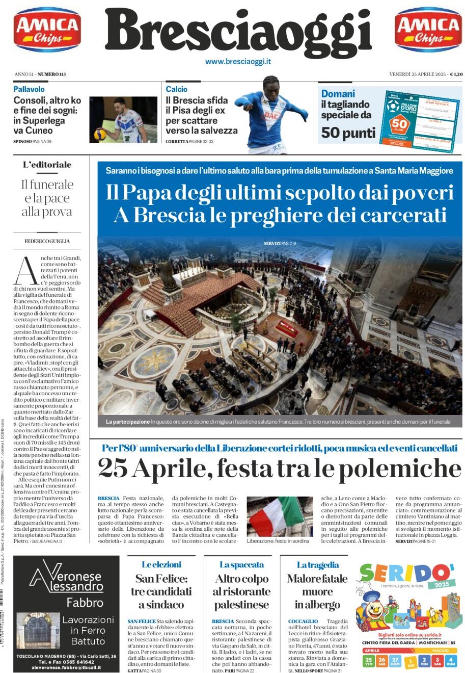 Prima Pagina Brescia Oggi 25/04/2025