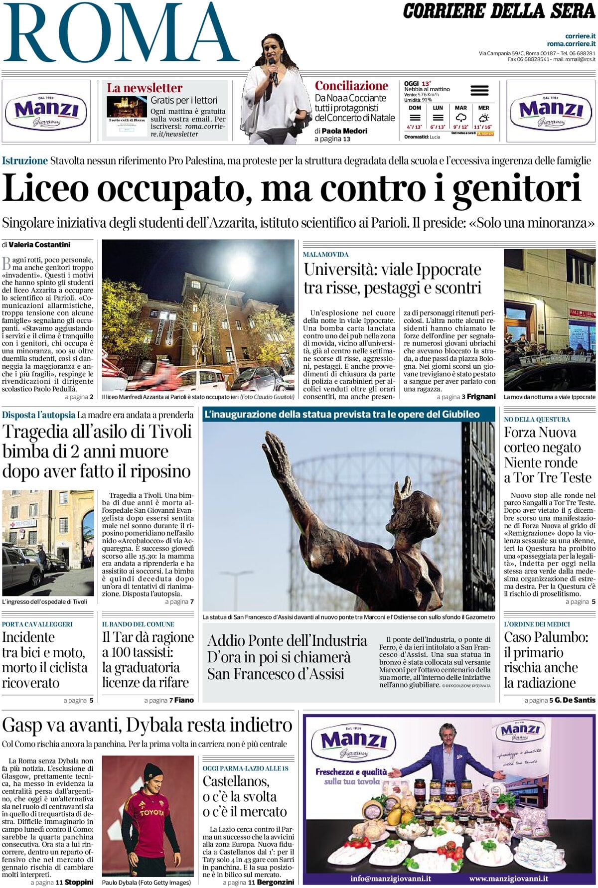 Prima Pagina Corriere della Sera (Roma) 13/12/2025