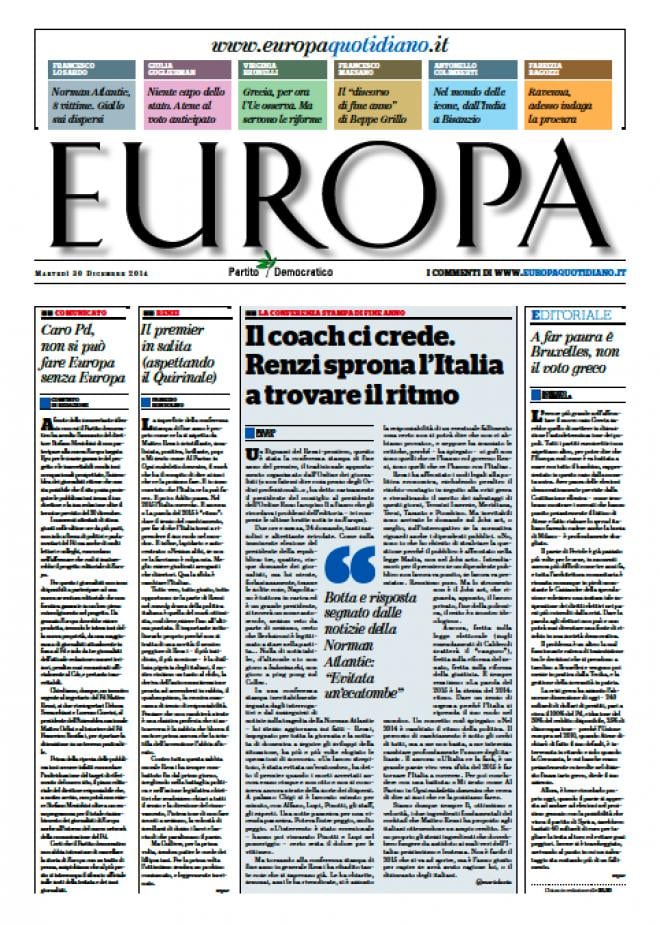 Prima Pagina Europa 30/12/2014