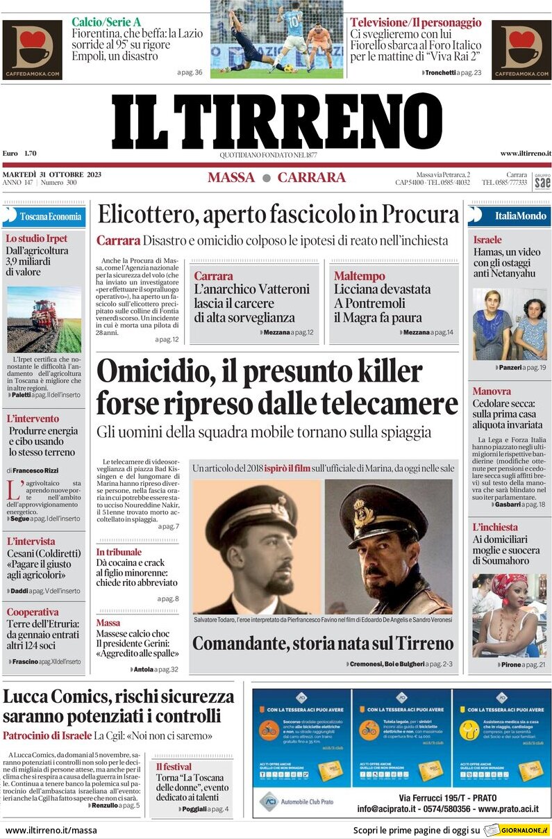 Prima Pagina Il Tirreno (Massa-Carrara) 31/10/2023