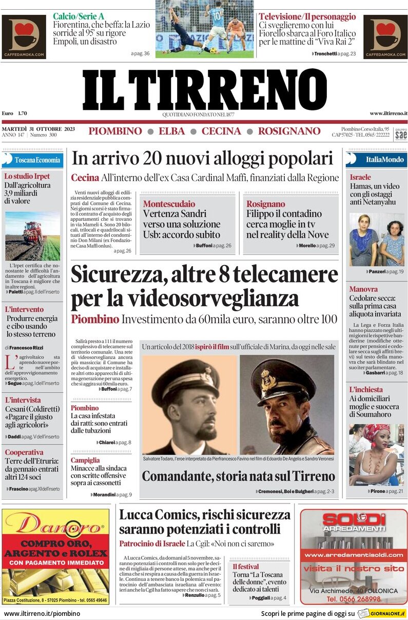 Prima Pagina Il Tirreno (Piombino, Elba, Cecina, Rosignano) 31/10/2023